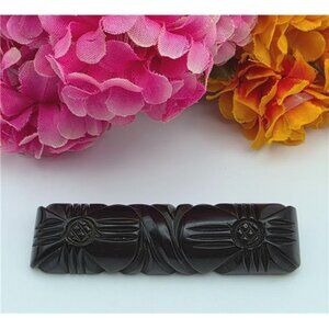 Celluloid Black Antique Bar Brooch 3" Deep Carved C Clasp